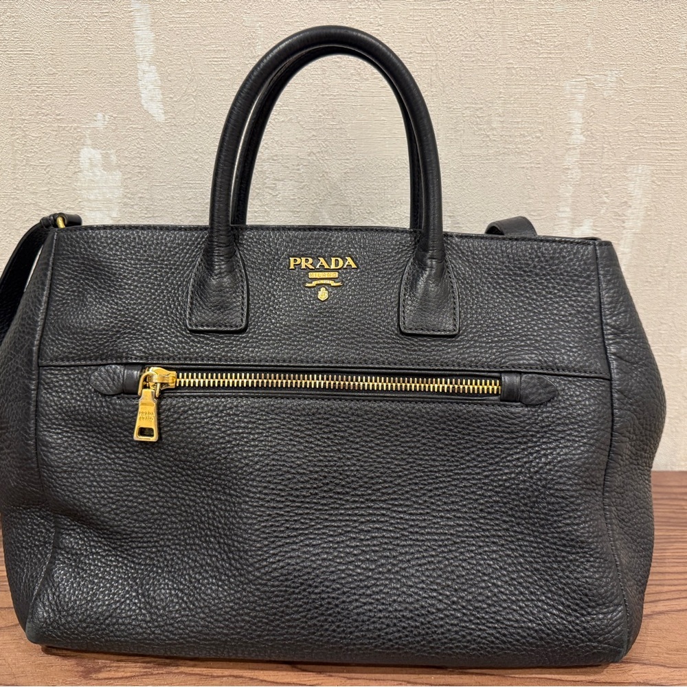 Prada Black Leather Tote with Gold Hardware